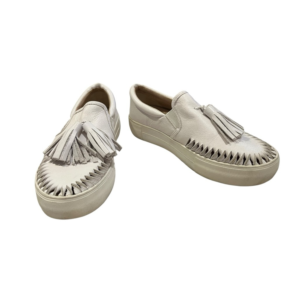 Women's J/Slides White Leather Tassel Slip-On Shoes Sneakers 7 - Picture 3 of 8